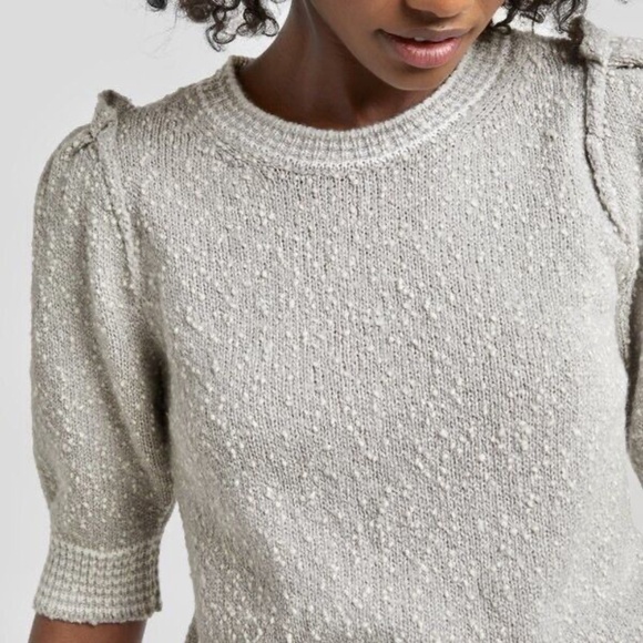 New GWYN Aura Tweed Merino Wool Puff Sleeve Sweater in Fog Grey - Picture 5 of 13